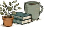 A potted plant beside a stack of books and a mug.