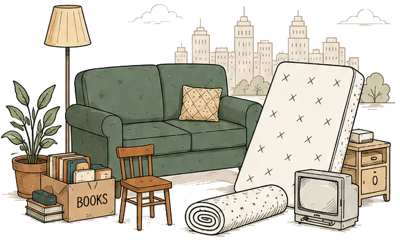 A sofa, a mattress, a standing lamp, a potted plant, a chair, a box of books, a rolled rug, a television and a bedside table, gathered together.