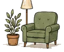 An armchair and a floor lamp beside a potted plant.