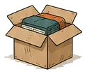 An open cardboard box packed with folded clothes and books.